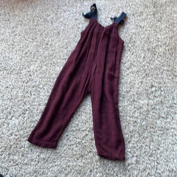 ZARA GIRLS Linen Cotton Blend Burgundy & Navy Plaid Tie Bow Overalls Size 4 - Picture 3 of 3